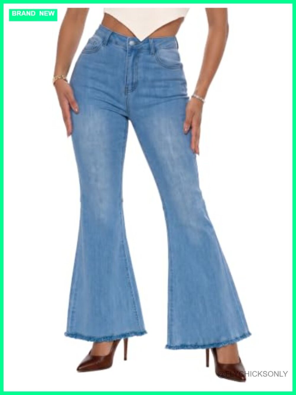 Women's High Waisted Bell Bottom Skinny Jeans Stretch Raw Hem Flare Denim Pants